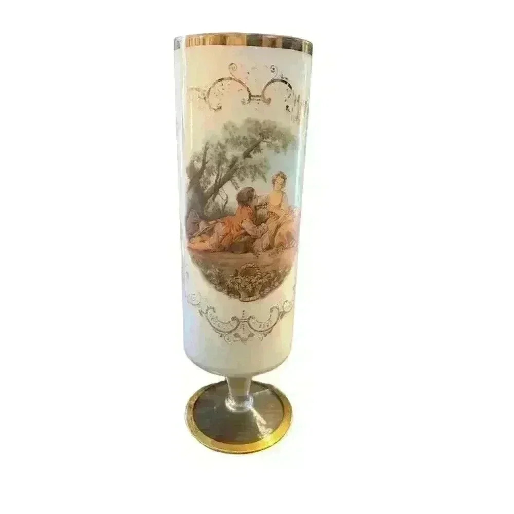Vintage Painted milk glass Vase with Gold Trim Victorian scene
